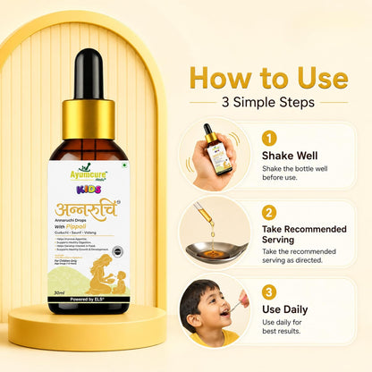 Ayumcure Kids Annaruchi Drops for Children 1-12 Years | 30ml | Ayurvedic Appetite & Digestive Support | With Pippali, Guduchi, Saunf, Vidang, Kutki & Amla | Supports Healthy Digestion, Nutrient Absorption & Growth
