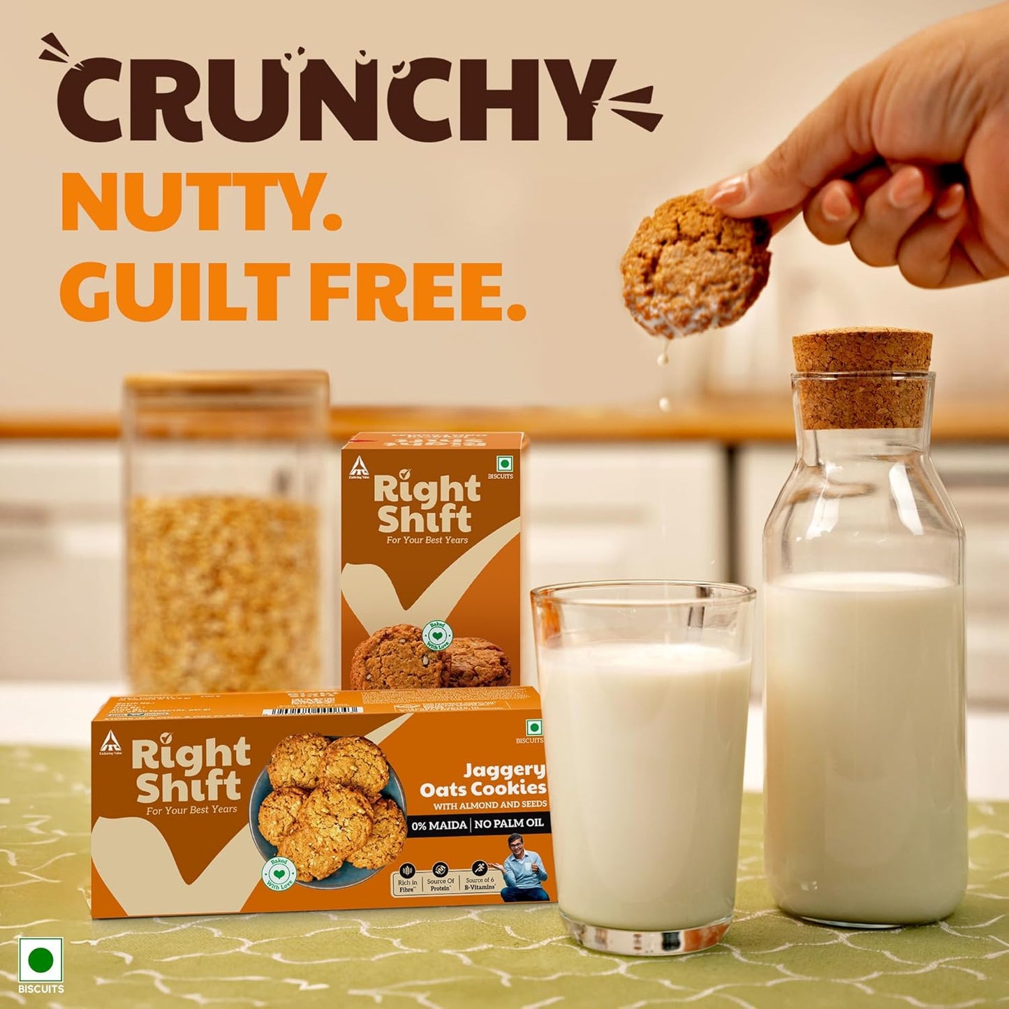 Right Shift Jaggery Oats Cookies, 100g| No Palm Oil, High Fibre Digestive| 3X Oats| 0% Maida, Refined Sugar| With Nuts & Seeds| Anytime Snack