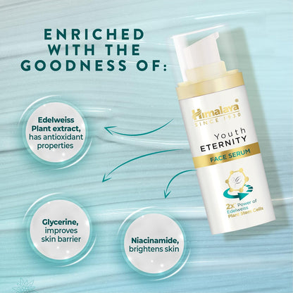 Himalaya Youth Eternity Face Serum with ingredients listed on a light blue background