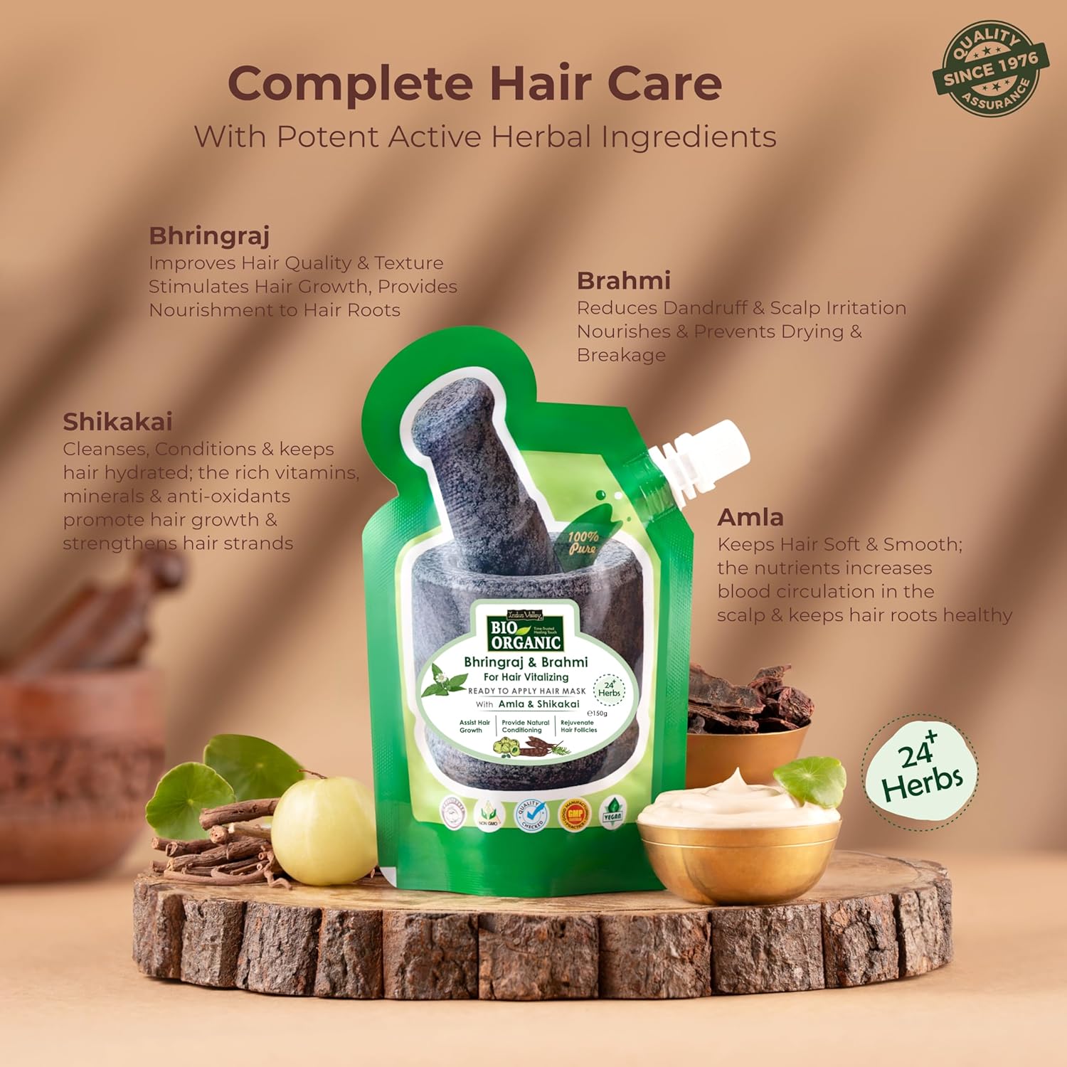 Herbal hair care product with ingredients listed on a wooden platform