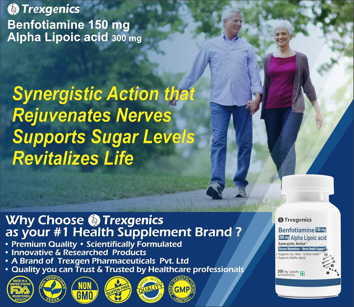 Advertisement for Trexgenics health supplement with an elderly couple walking outdoors.