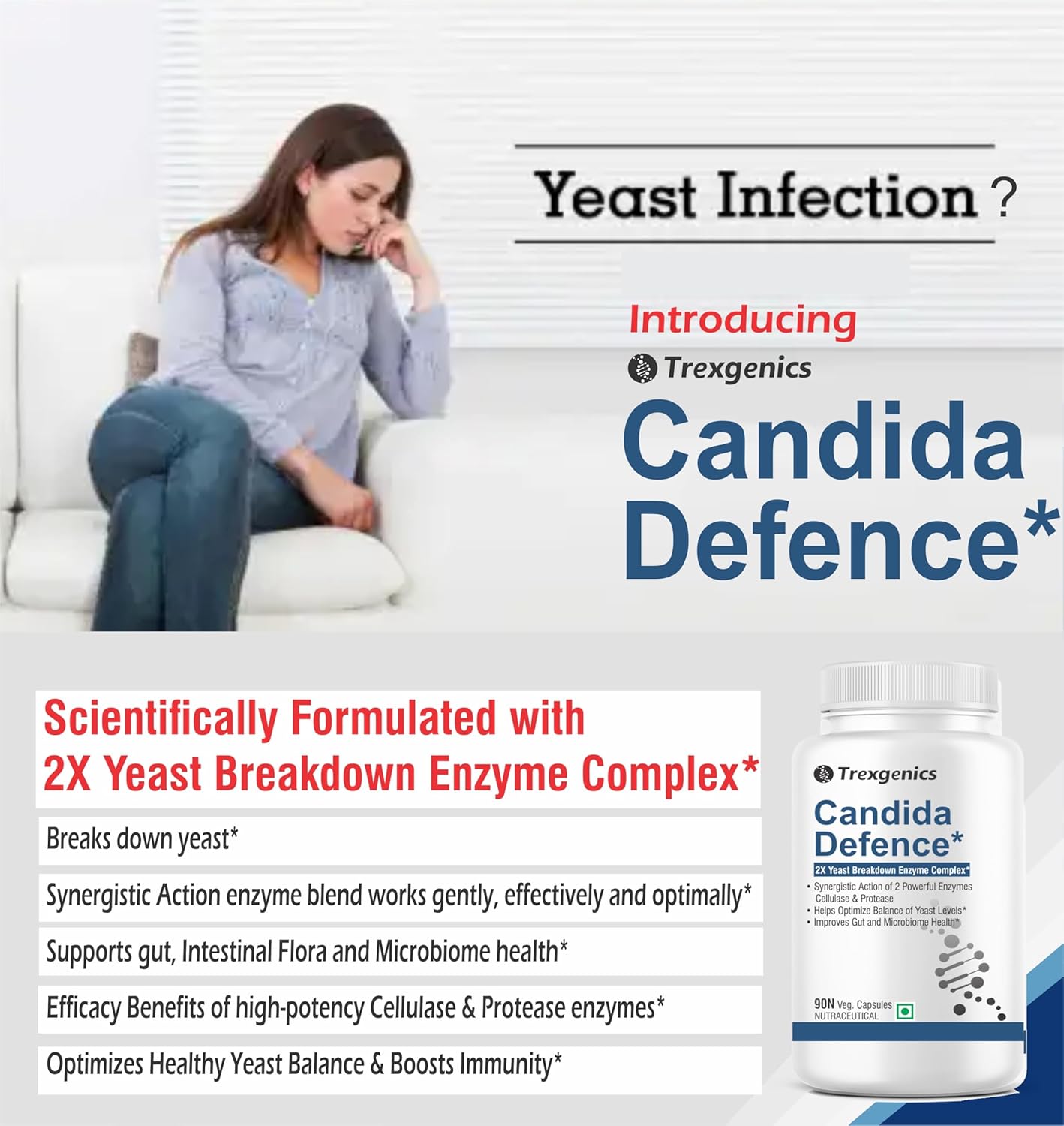 Advertisement for Trexgenics Candida Defence supplement showing a woman with yeast infection symptoms.