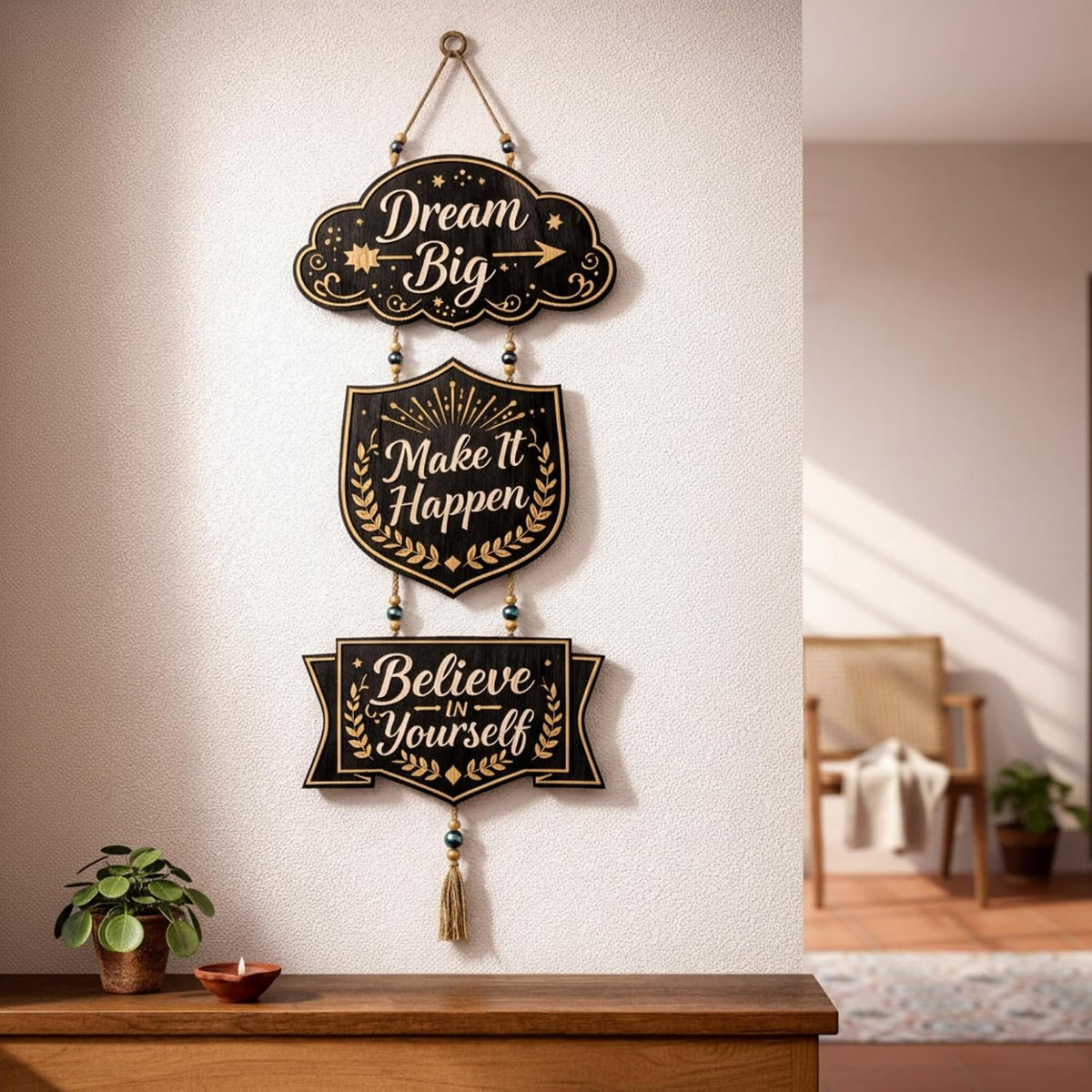 eCraftIndia Gold Foil Embossed Wooden Dream Big Make It Happen Believe In Yourself Wall Hanging for Home Office