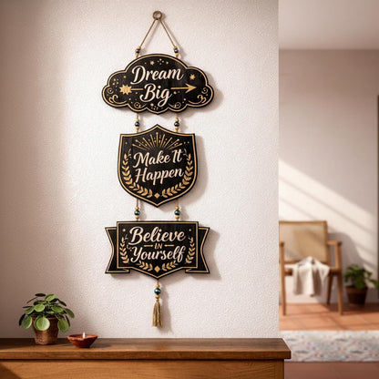 eCraftIndia Gold Foil Embossed Wooden Dream Big Make It Happen Believe In Yourself Wall Hanging for Home Office