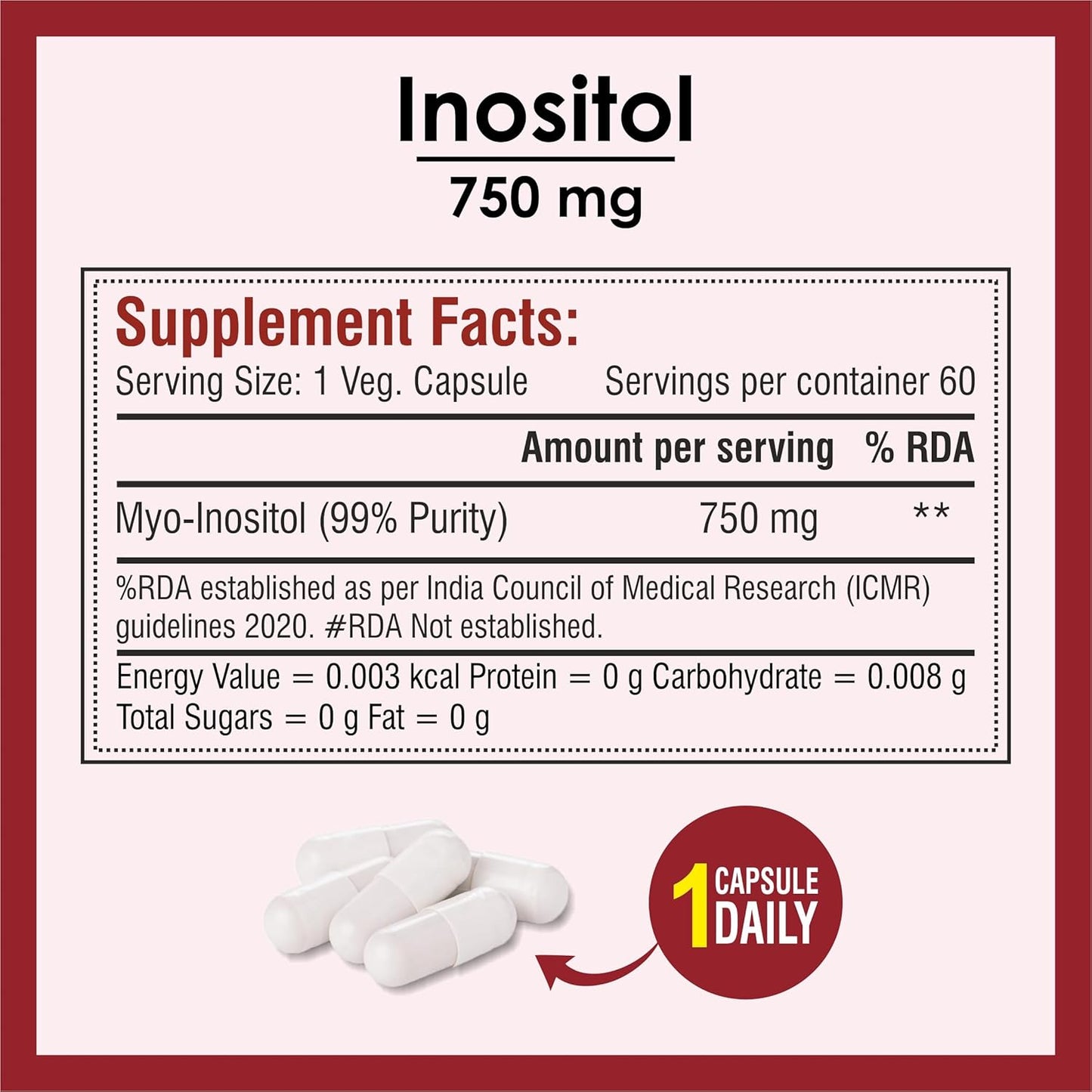 Biotrex Nutraceuticals Myo Inositol 750mg, Pcos, Brain & Nerve Health, 99% High Purity Grade Inositol, Fat Metabolism - 60 Vegetarian Capsules