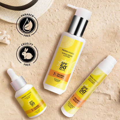 FACESCANADA Sunscreen Lotion, 100ml | SPF 50 PA+++ | Oily Protects From UVA & UVB Rays | 1% Hyaluronic Acid & Vitamin C | Lightweight | No White Cast | Natural Radiant Glow| No Alcohol | No Parabens