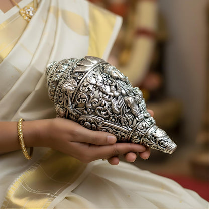 Dev Aastha 999 Pure Silver Plated Ganesh Shankh | 6 Inch Grand Vastu Showpiece for Success & Wealth | Sacred Conch Shell Idol for Home Temple & Altar