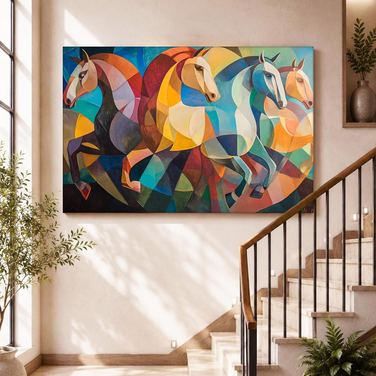 Landscape Abstract Wall Art Four Running Horses Vastu Multicolor | Digital Painting on Canvas Stretched on Wood | Perfect for Living Room, Bedroom, Office (22x34 Inch)