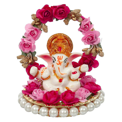Lord Ganesha Idol on Decorative Handcrafted Plate with Throne of Pink and Red Flowers