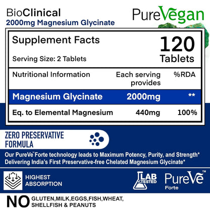 BioClinical Magnesium Glycinate Supplement 2000mg 120 Veg Tablets -High Absorption Chelated Magnesium Supplement Supports in Muscle Recovery, Sleep & Nerve Health for Men & Women -Zero Preservatives