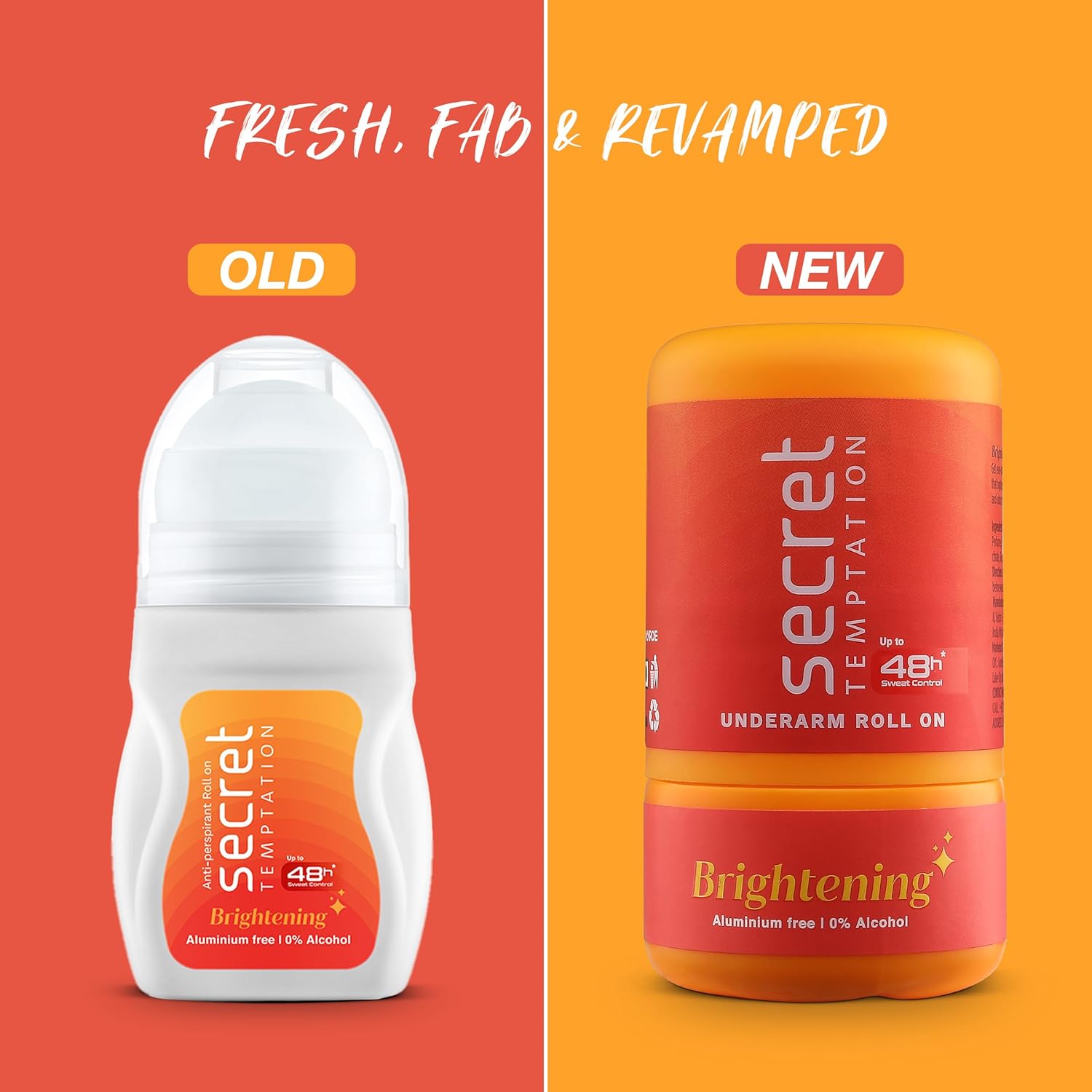 Comparison of an old and new Secret Underarm Roll On packaging on a two-tone background.