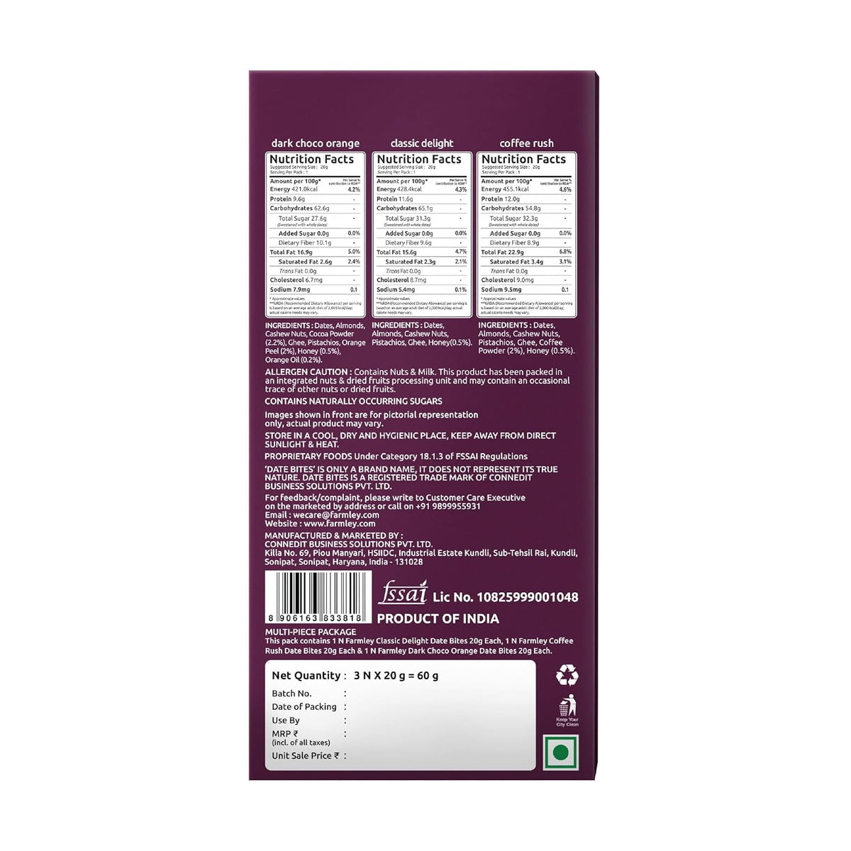 Farmley Date Bites Assorted Pack 60g (20g x3) | Classic, Dark Choco Orange & Coffee Rush | Dry Fruit Bites with Almonds, Cashews & Pista | Gluten Free, No Refined Sugar | Healthy Snack with Honey & Ghee