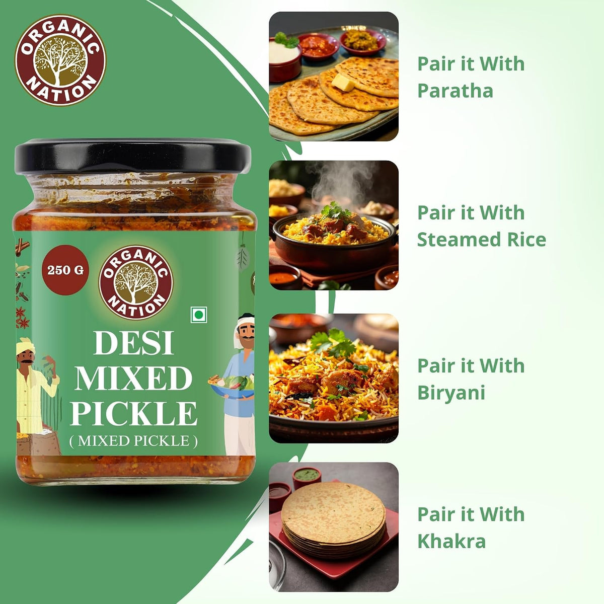 ORGANIC NATION Deliciously Tangy Mixed Pickle | Pickles with Fresh Ingredients | Authentic Mixed Vegetable Pickle | Traditional Indian Achaar| No Preservatives | 250g Jar | Vibrant Green