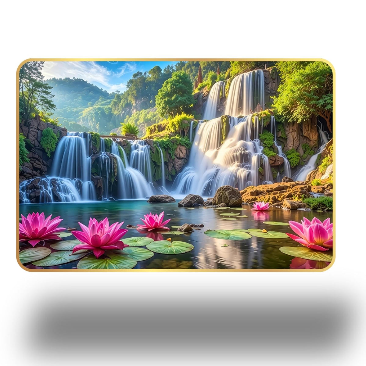 Lotus Waterfall Wall Painting for Living Room | Vastu Positive Energy Wall Decor | Premium UV Printed Nature Scenery Artwork for Home, Bedroom, Office Decoration | Waterproof & Fade Resistant Ready to Hang (Style-04, 12x18 inch)