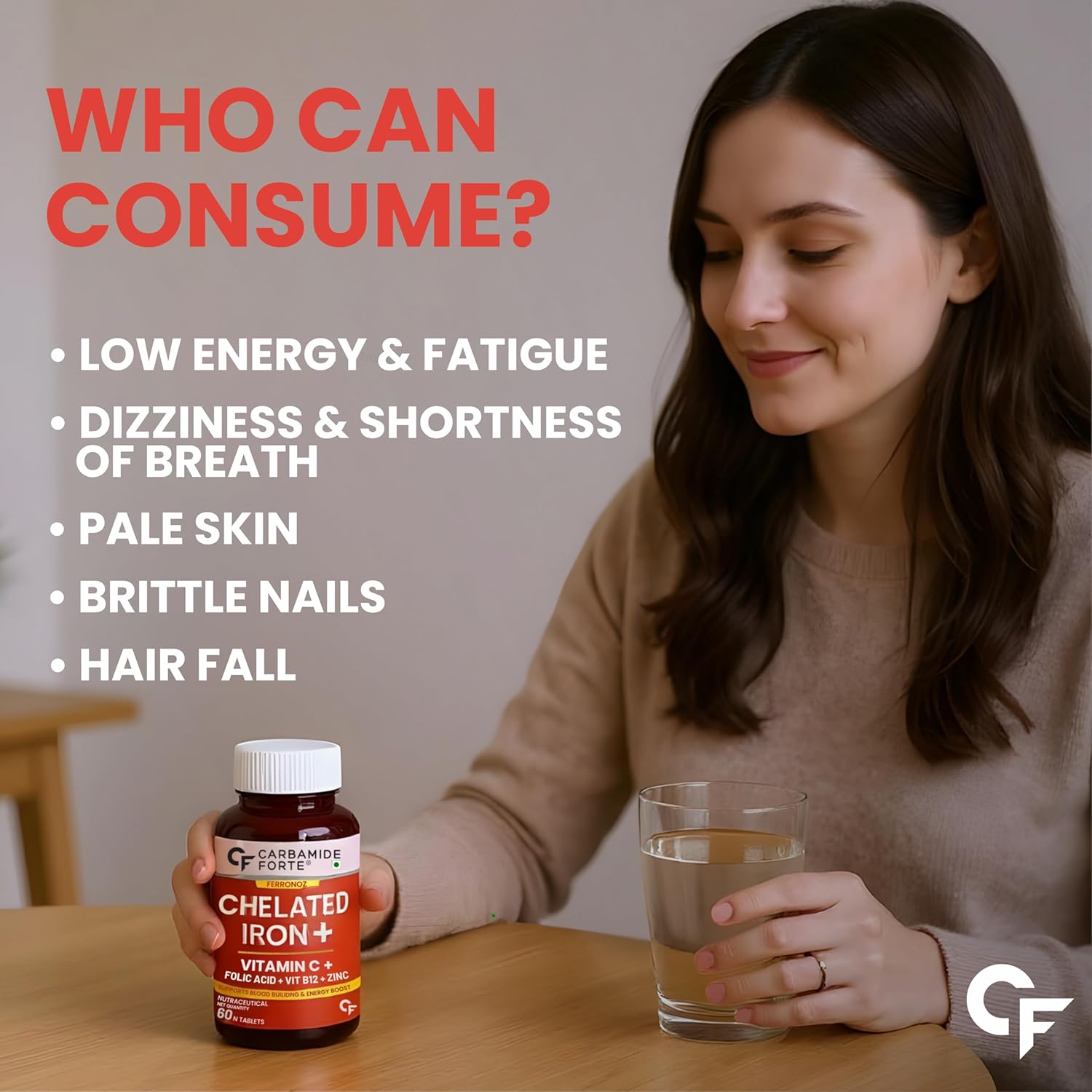 Woman holding a bottle of Chelated Iron+ supplement and a glass of water, with text about who can consume it.