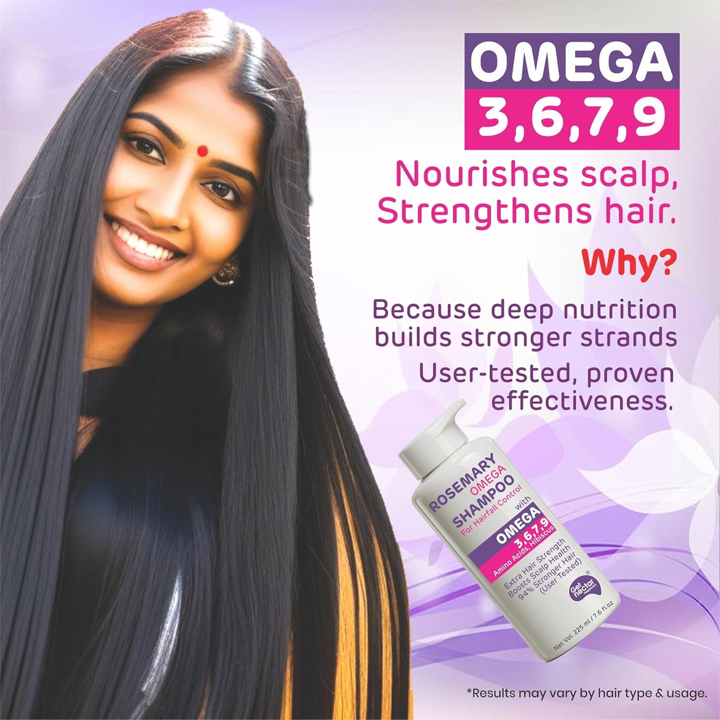 Advertisement for a shampoo with Omega 3,6,7,9 benefits, featuring a woman with long hair and shampoo bottle.