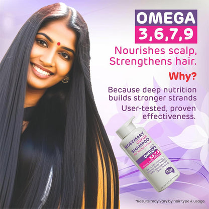 Advertisement for a shampoo with Omega 3,6,7,9 benefits, featuring a woman with long hair and shampoo bottle.