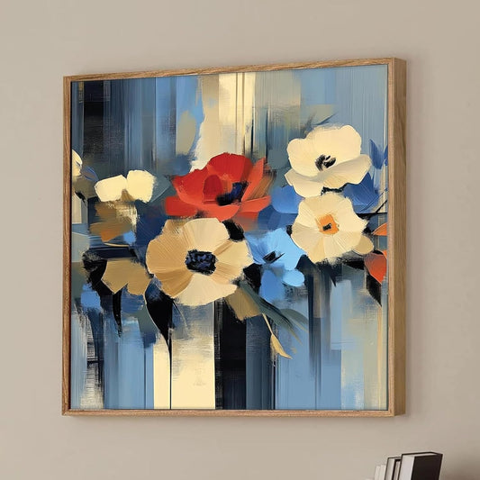Abstract Floral Framed Canvas Wall Art Painting for Living Room | Modern Blue & White Flower Artwork with Wooden Frame | Contemporary Decorative Wall Décor for Home & Office, 23x23 Inch