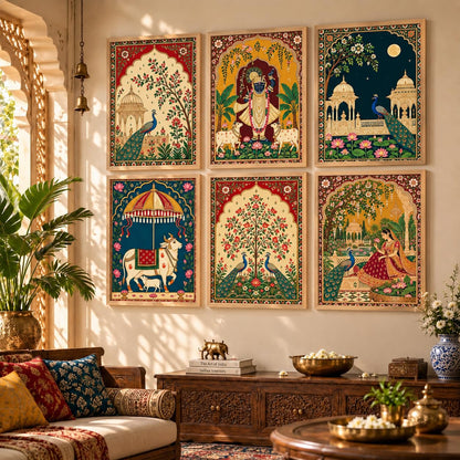 Madhubani Paintings Set of 6 Traditional Indian Folk Art Wall Painting With Frame for Living Room Bedroom Hotel Wall Decor Digital Reprint (10X13 Inch)