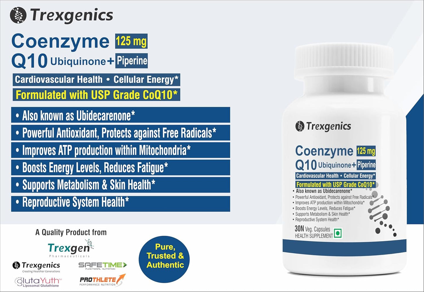 Trexegenics Coenzyme Q10 supplement bottle with label on a white background