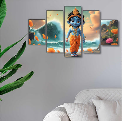 Bal krishna Paintings for Living Room | Painting for Wall Decoration | 3D Wall Art for Bedroom | Kanha Religious Wall Painting Set of 5 (75 x 45 cms) SANFPNLS35500