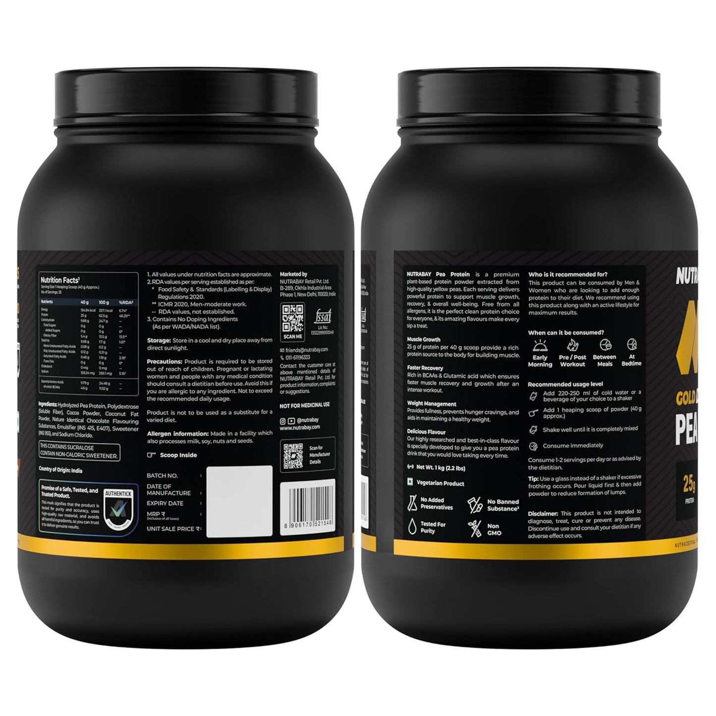Two black supplement containers with labels on a white background