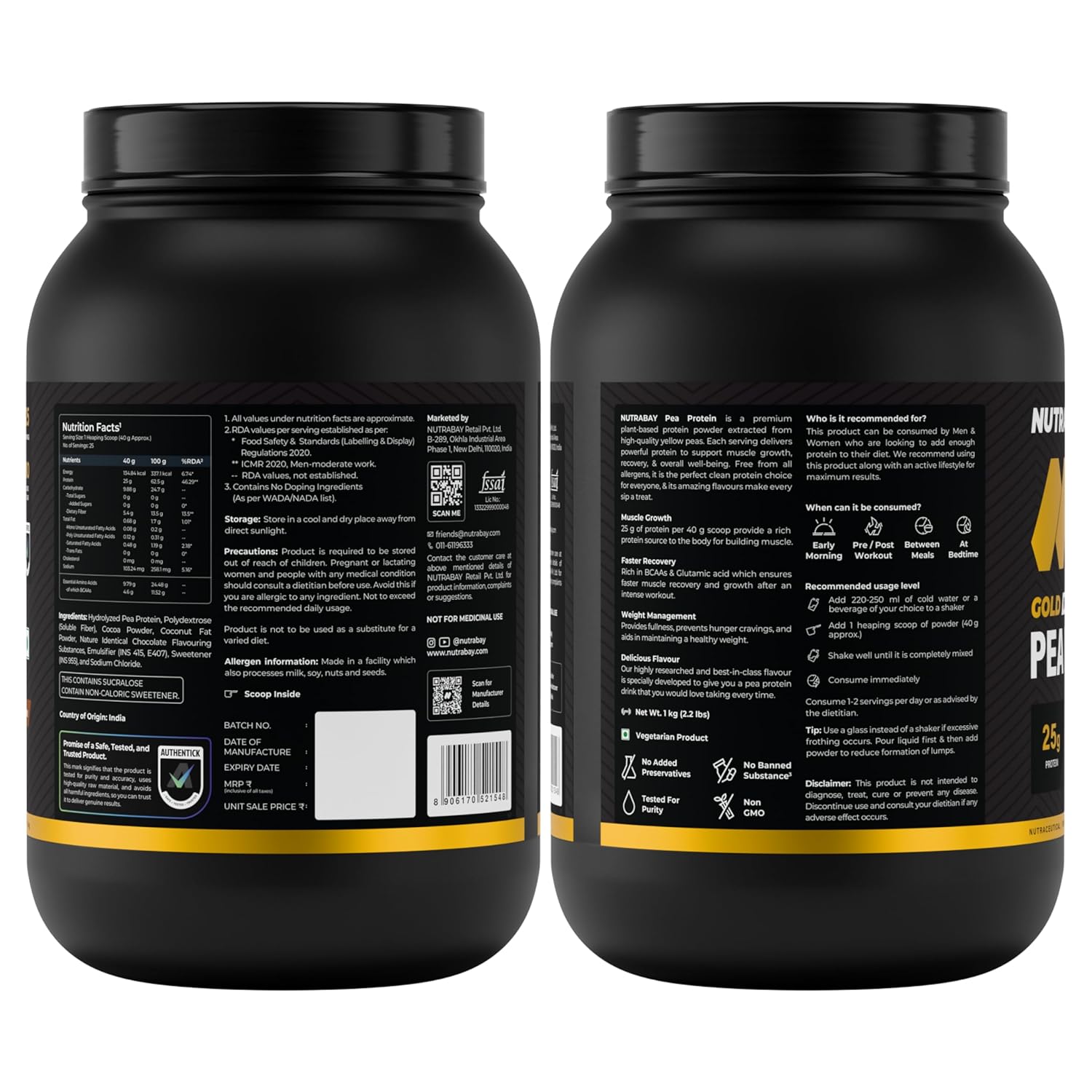 Two black supplement containers with labels on a white background