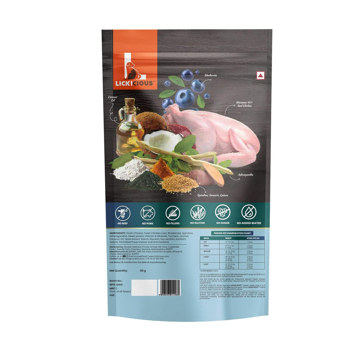 Lickicious Dog Treats, 85g – Real Chicken Sticks with Multivitamins, Blueberry & Spirulina | Healthy Daily Snack for All Breeds & Life Stages | No Sugar, No Gluten