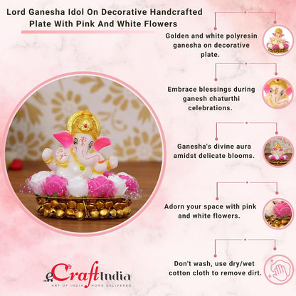 Lord Ganesha Idol on Decorative Handcrafted Plate with Pink and White Flowers