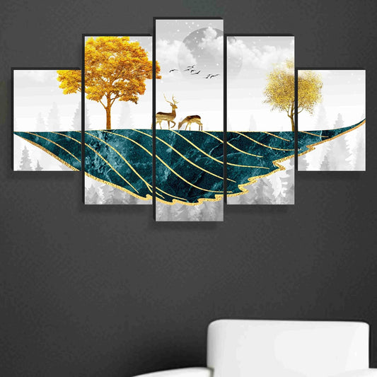 Deer Paintings for Wall Decoration - Set Of Five, 3d Scenery Vastu Painting for Living Room Large Size with Frames for Home Decoration, Hotel, Office 76.2 cm x 45 cm SANFPNLS35474