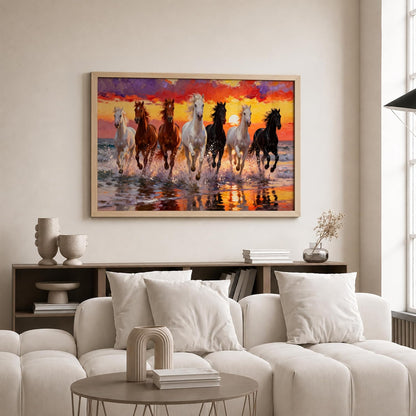 7 Horse Vastu Wall Painting for Living Room – Running Seven Horses Landscape Framed Wall Art | Premium Wooden Frame Home & Office Decor (Natural, Design 01, 13x19 Inch)