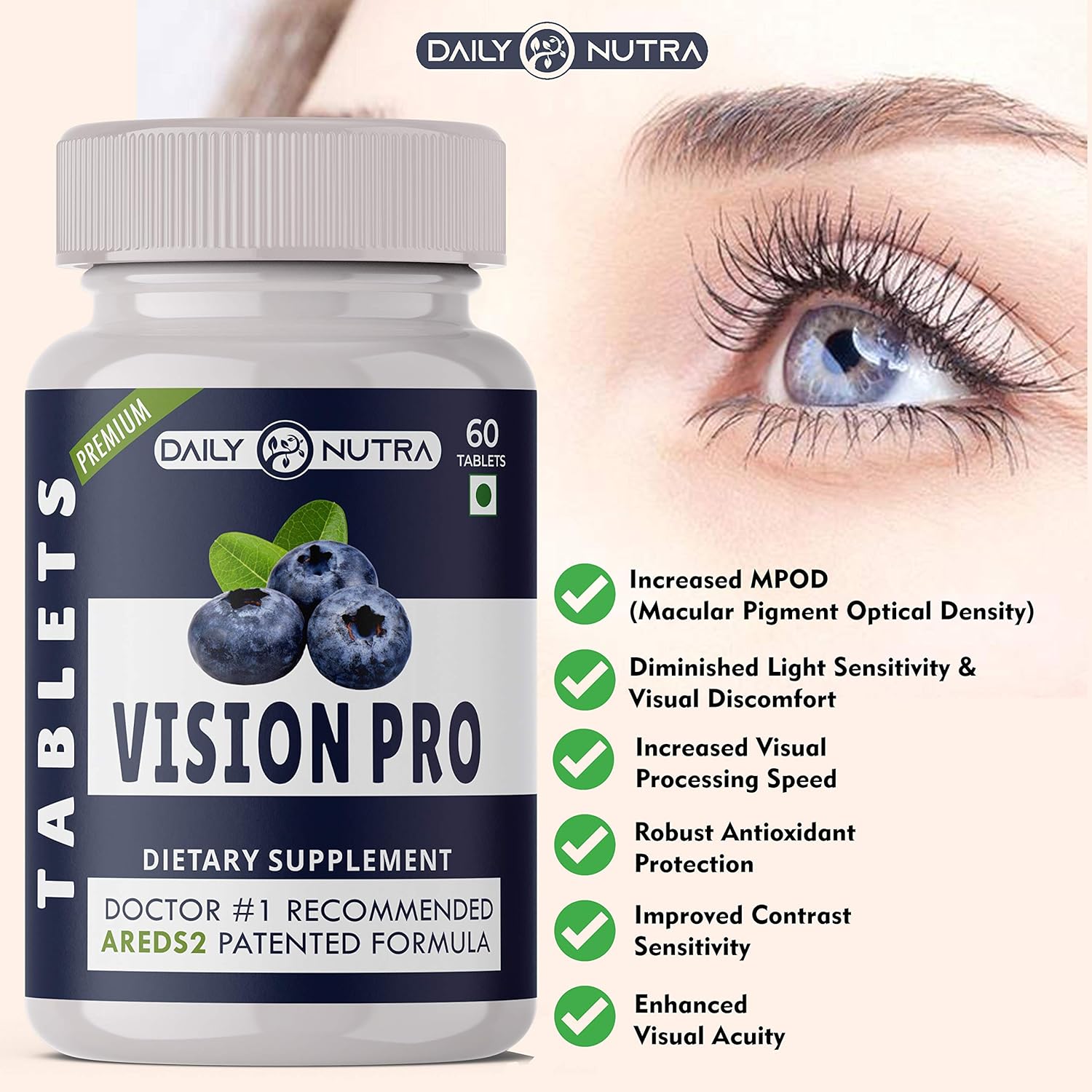 Vision Pro dietary supplement bottle with a close-up of an eye and listed benefits on a white background.