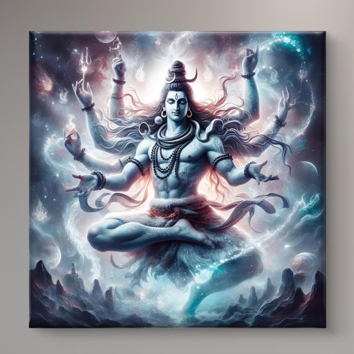 Lord Shiva Cosmic Dance Wall Art Canvas, Hindu Deity Digital Painting, Mystical Spiritual Decor, Blue and Turquoise 16 Inch x 16 Inch CVS-38126