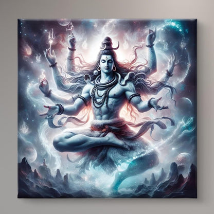 Lord Shiva Cosmic Dance Wall Art Canvas, Hindu Deity Digital Painting, Mystical Spiritual Decor, Blue and Turquoise 16 Inch x 16 Inch CVS-38126