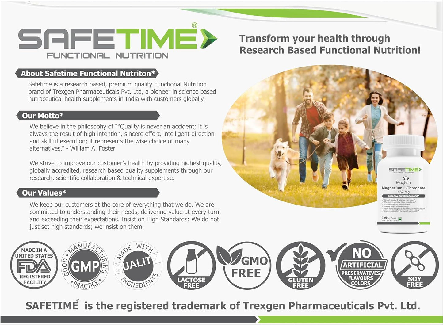 Advertisement for Safetime Functional Nutrition with a family and dog in an outdoor setting.