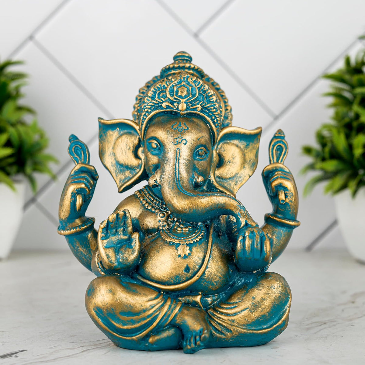 Ganesh ji murti Idol Statue Showpiece Home Decor Items for Living Room and Gifts (Antique Golden Blue)