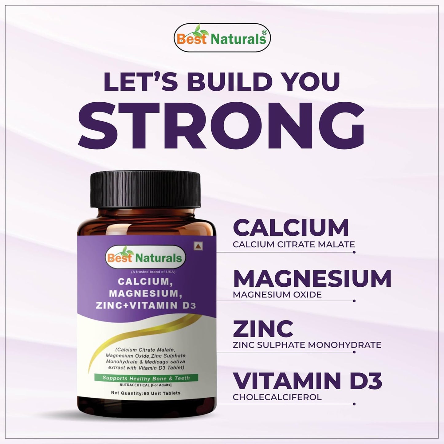 Best Naturals Calcium Magnesium Zinc with Vitamin D3 – 60 Tablets – 2-Month Supply Trusted Brand from USA