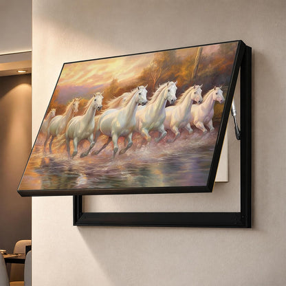 Electric MCB Box Cover Frame With Hydraulic Decorative Painting White 7 Running Horse Painting Electrical Panel box Cover, Switch Box Frame Will Fit Max 10x14 inch Switch Board, Outer Size 13X17 Inch
