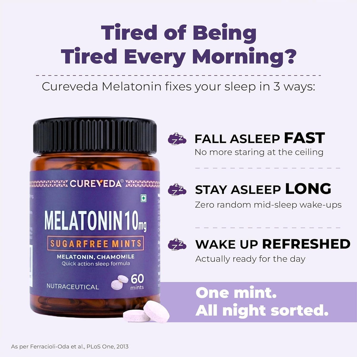 Cureveda Melatonin 10mg sugarfree mints packaging with product benefits on a white background