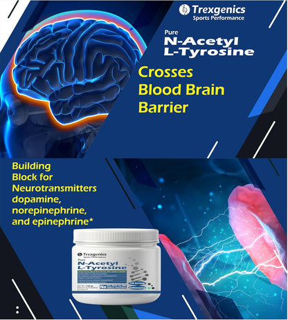 Trexgenics N-ACETYL L-TYROSINE PURE POWDER Crosses Blood Brain Barrier Neurotransmitter production, Cognitive Function, Focus, Attention, Memory, Stress Support (100 grams)