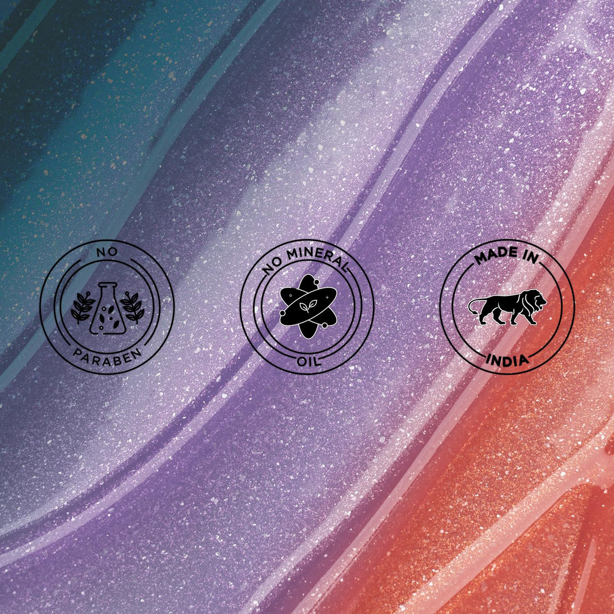 Gradient background with product feature icons for no paraben, no mineral oil, and made in India.