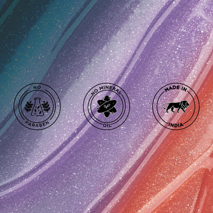 Gradient background with product feature icons for no paraben, no mineral oil, and made in India.