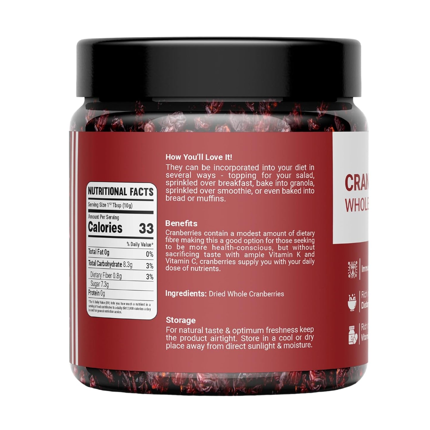 WELLAYA Premium Dried Whole Cranberries | No Fat and Low Calories | High Nutrient and Antioxidant Cranberry Whole Superfood Berries