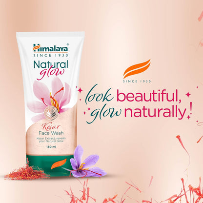 Himalaya Natural Glow Kesar Face Wash packaging with floral elements on a beige background