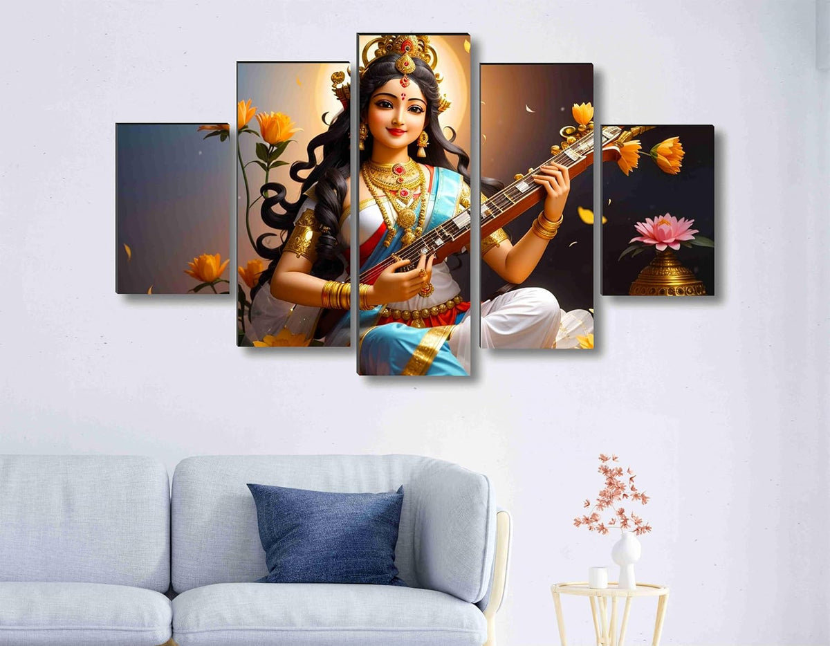 Saraswati ma Paintings for Living Room | Painting for Wall Decoration | 3D Wall Art for Bedroom | lord Saraswati Religious Wall Painting Set of 5 (75 x 45 cms) SANFPNLS35502