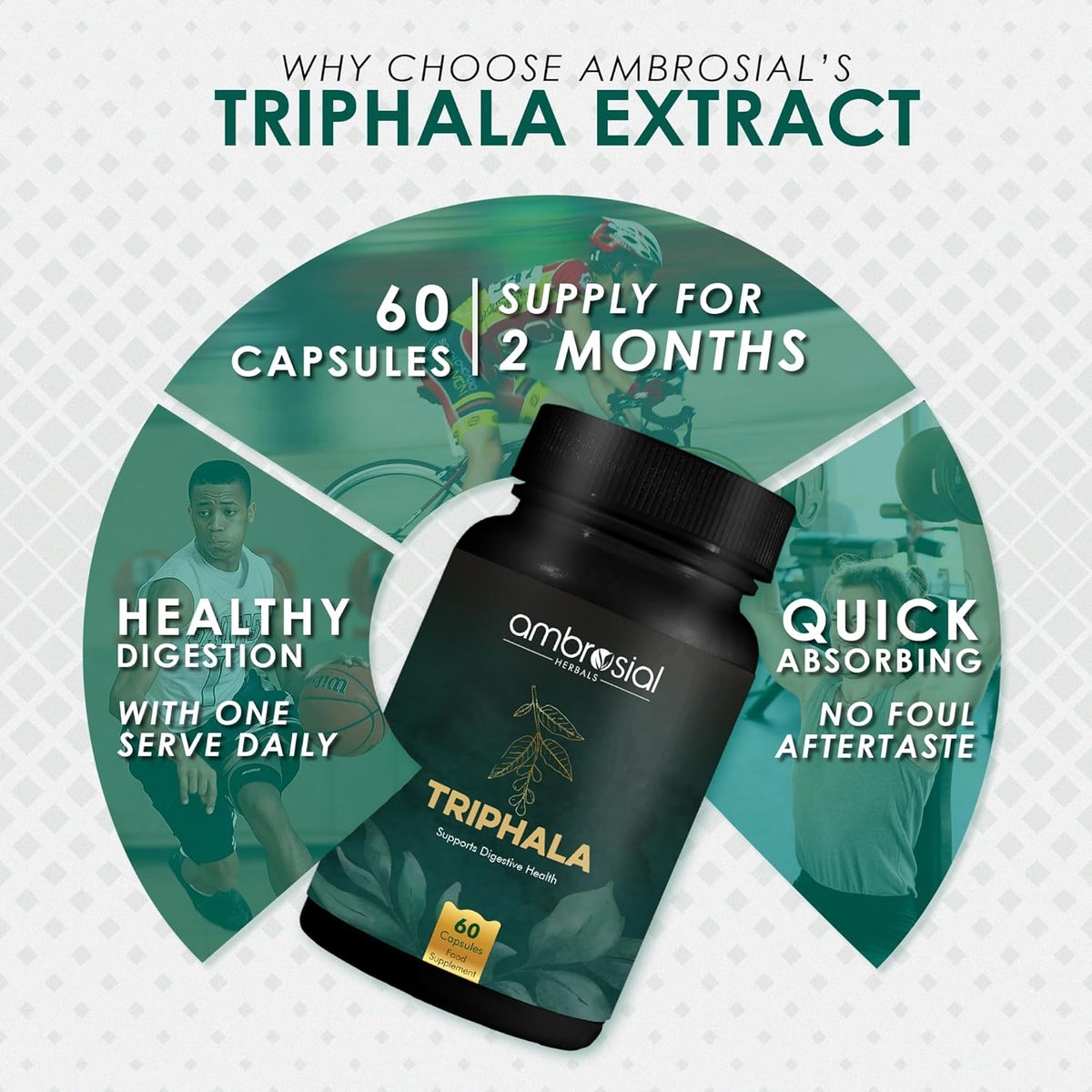 Ambrosial Triphala Extract bottle with promotional text on a green and white background