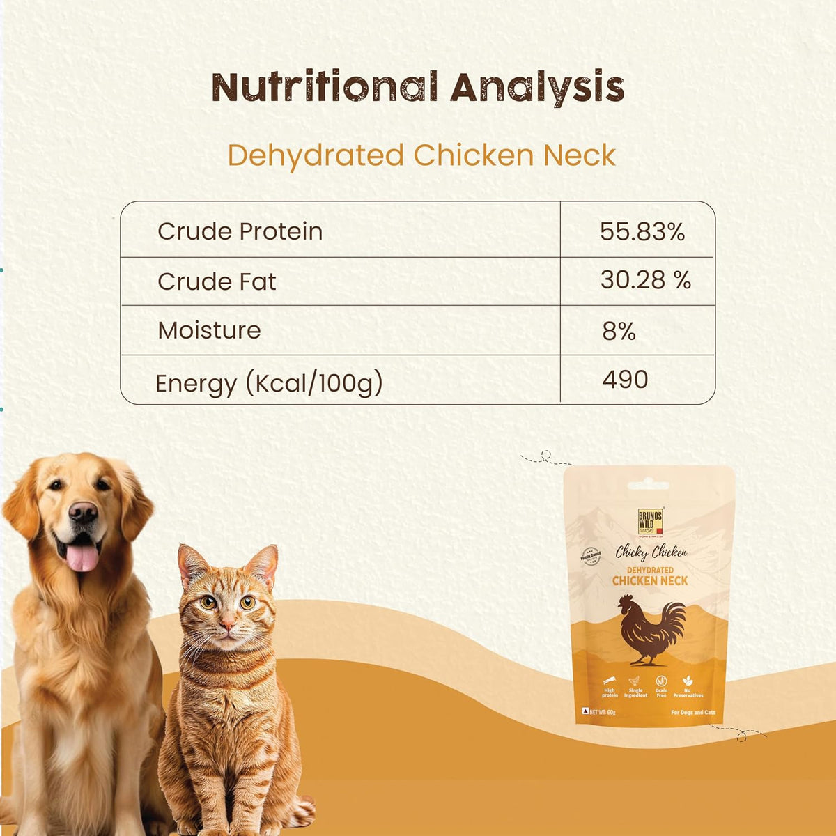 Brunos Dehydrated Chicken Neck - 60g |Treat for Dogs & Cats|Grain Free Natural Treats|Single Ingredient|Preservative Free|Immunity Boost Formula | Healthy Snack for Pets