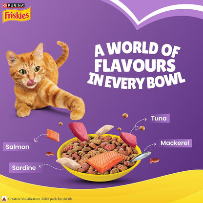 Purina Friskies Surfin' Favourites, Dry Food for Adult Cats, 1kg Pack | With Mackerel, Tuna, Salmon & Sardine Flavours, Complete Nutrition, Omega 3 & 6, Taurine, Calcium