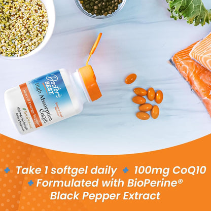 Vitamins with a focus on CoQ10, surrounded by health foods like salmon and greens.