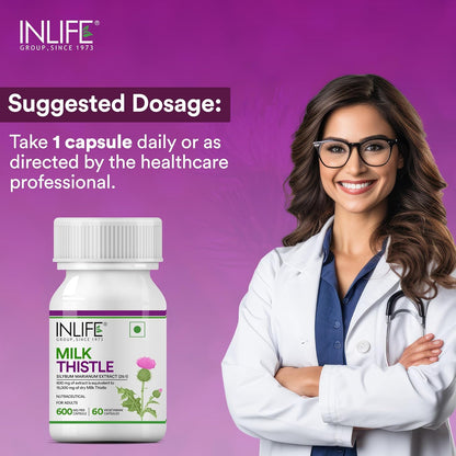 INLIFE Milk Thistle Extract 600mg Capsules | Silybum Marianum Liver Support Supplement | Men and Women - 60 Vegetarian Caps (Pack of 1, 60)